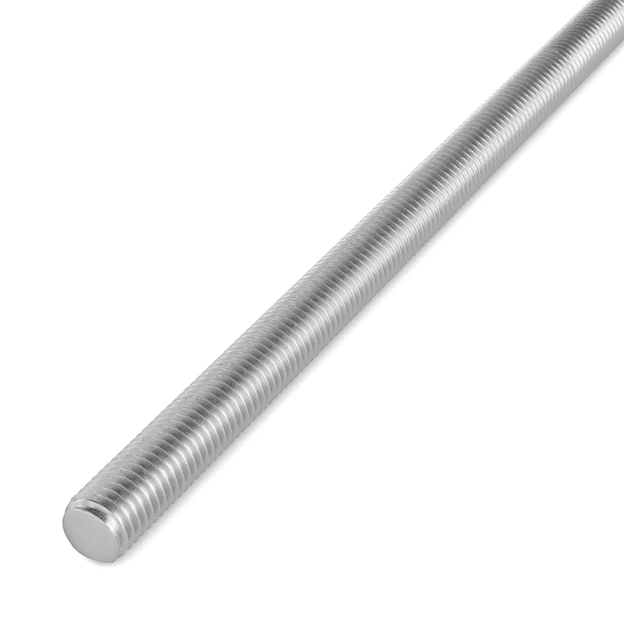 A close-up of the Go Build 5/8 in. x 24 in. Threaded Rod - Galvanized, showing its spiral grooves and metallic finish, lies diagonally on a white background. Brand: Go Build, The Fastest Way To Build.